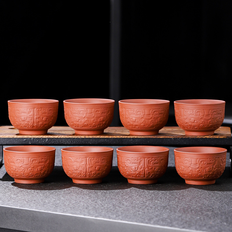 紫砂功夫小茶杯朱泥原矿品茗杯手工浮雕单杯茶碗茶具杯子单杯批发