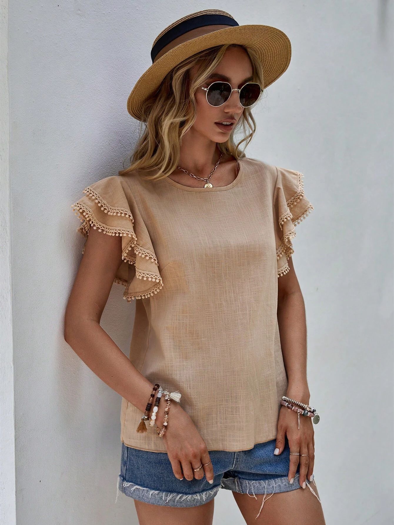 238g Weight Short Sleeve Sleeve Length Pullovers Placket Type Flounce Sleeve Sleeve Type Polyester Fabric Type Regular Top Length T-shirt Tops Type Holiday, Daily Occasion Round Neck Neckline Loose Fit Type Solid Color Pattern Summer Season Women's Gender Button Design Casual, Elegant Style Wholesale Women's Casual Elegant Solid Color Short Sleeve Button Blouses 12