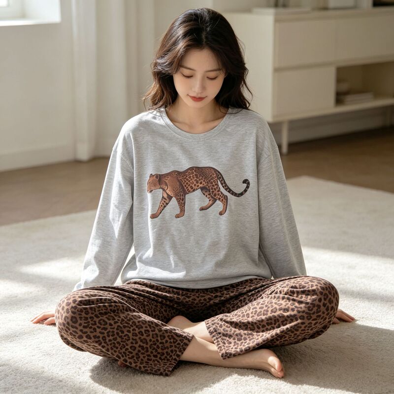 Women's long-sleeved pajamas for autumn, pure cotton, leopard print loungewear, plus size for chubby women 100kg leopard print long pants set Women's long-sleeved pajamas for autumn, pure cotton, leopard print loungewear, plus size for chubby women 100kg leopard print long pants set