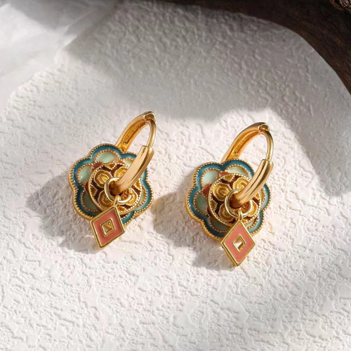 Vintage Colorful Enamel New Chinese Style Earrings with Drip Glaze Round Circle Ethnic Style Niche Luxury High-End Earrings for Wholesale