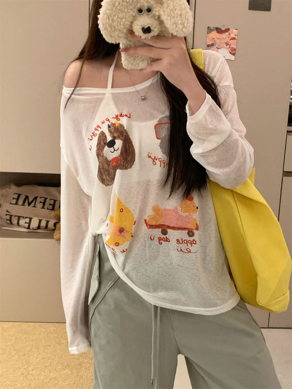 新しい女性用日焼け止め服、夏の年齢軽減漫画プリント長袖Tシャツ、女性用のゆったりとした甘いスタイルのVネック日焼け止めブラウストップ|undefined