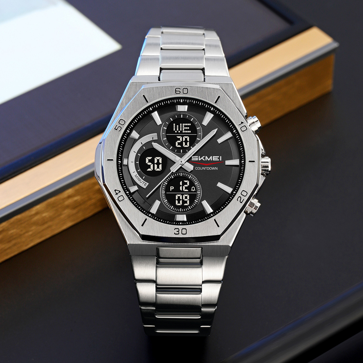 Reloj de acero para hombres de doble movimiento impermeable nocturna multifuncional cronógrafo mayorista transfronterizo spot