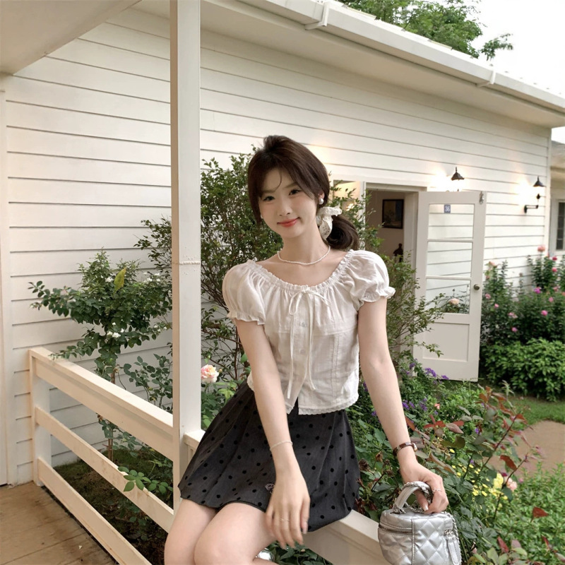 Brother's Boutique Quality Summer New Style Girly Cute Lace-Trimmed Blouse with Puff Sleeves Sweet Short-Sleeve Shirt Brother's Boutique Quality Summer New Style Girly Cute Lace-Trimmed Blouse with Puff Sleeves Sweet Short-Sleeve Shirt