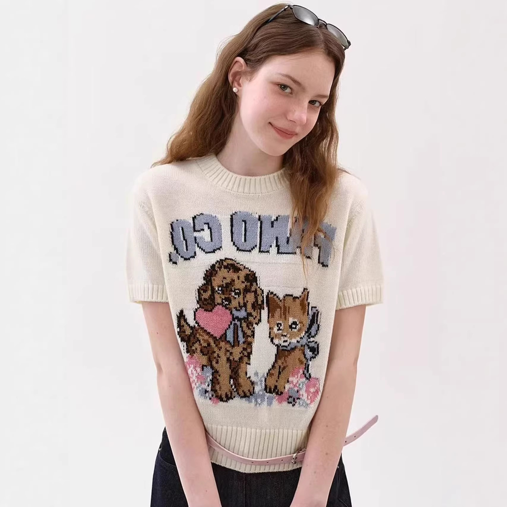 Retro-style playful jacquard short-sleeve knit top for women, 2026 summer new American hot girl style slim-fit cropped top