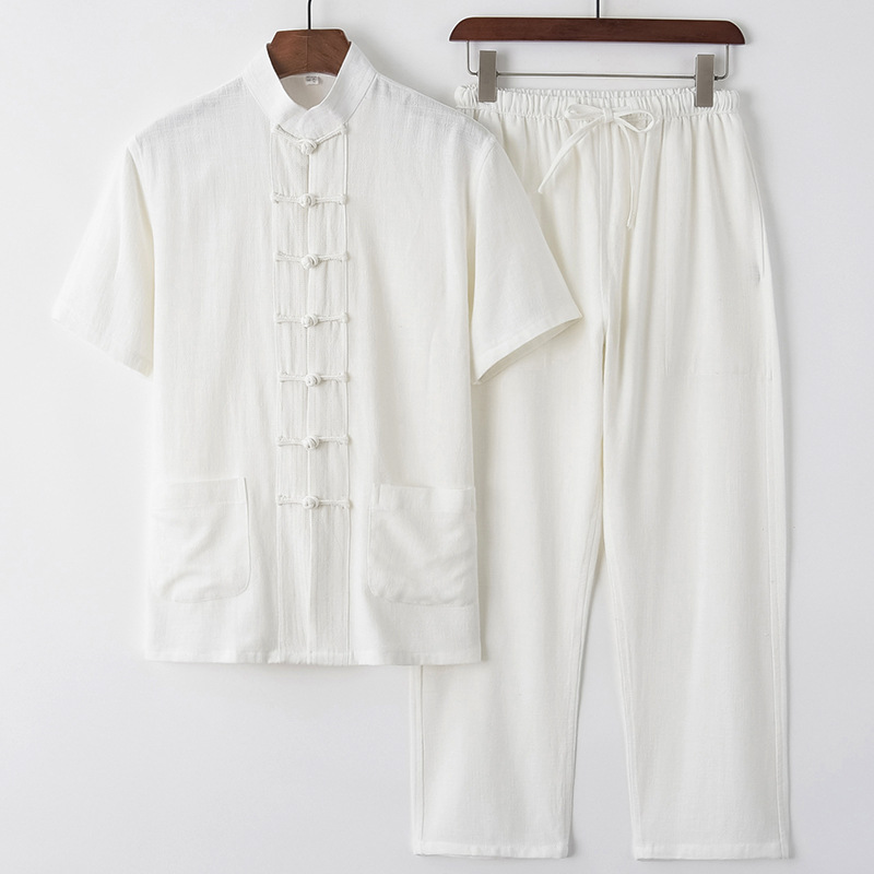 Men's Summer Tang Suit Thin Breathable Linen Short Sleeve Set Casual Dad Attire Style Retro With Frog Buttons_viptrois.com