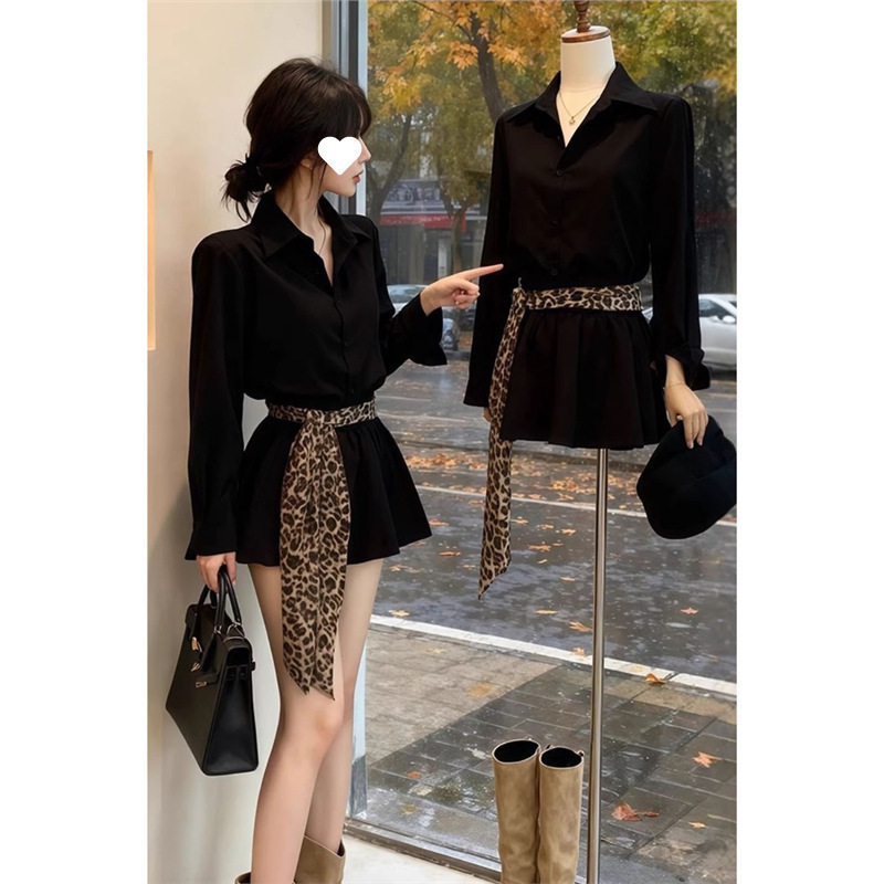 Leopard Print Tie Shirt Dress for Women, Autumn Waist-Cinching Slimming A-Line Pleated Skirt, Stunning and Beautiful Coffee-Colored Dress