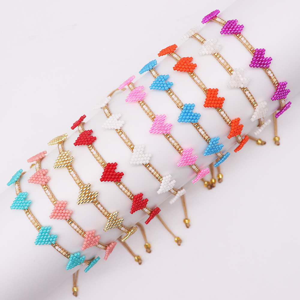 1g Weight Bracelets Classification 1 Piece Quantity Holiday, Travel Occasion Glass Material Heart Shape Pattern Women'S Gender Beaded Design Sweet Style Sweet Heart Shape Glass Beaded Women's Bracelets 无