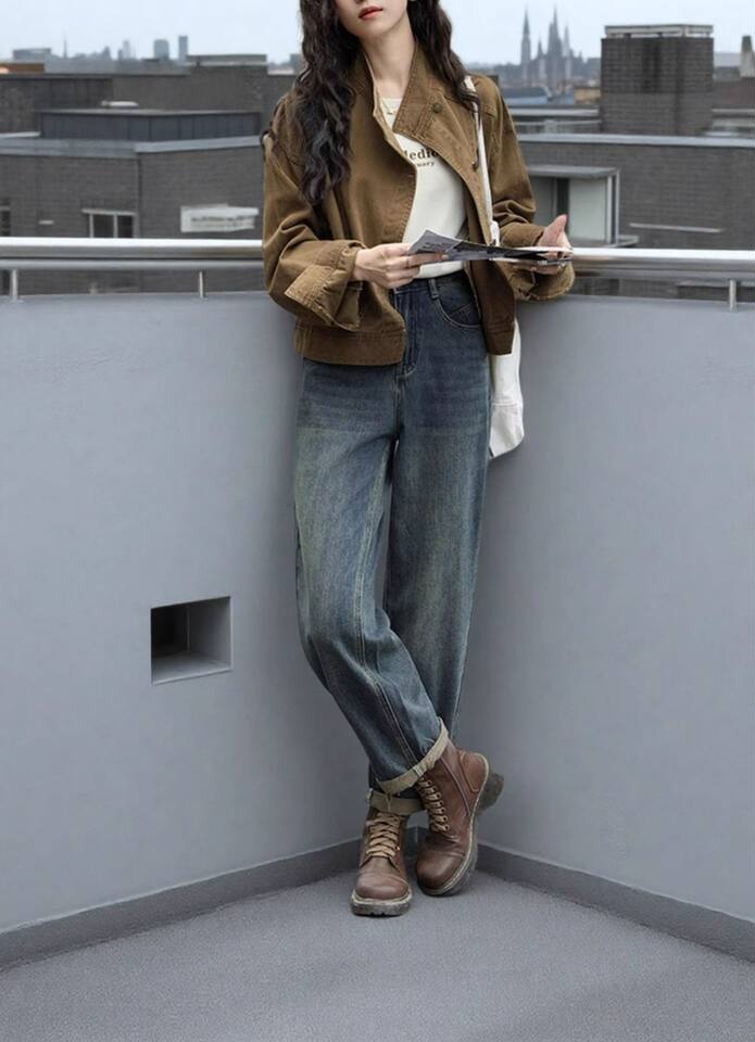 Áo khoác denim ngắn dáng rộng cổ polo cho nữ, dài tay, phong cách giản dị — Áo khoác bò dài tay, Màu nâu (trà nâu), màu xanh chi tiết 33