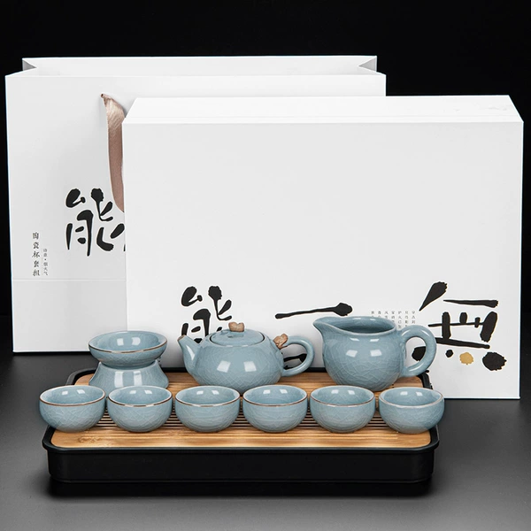 [Gift Box] Ru Kiln Hometown Auspicious Pot Set 9-piece Set + rectangular black tea plate + drinkable