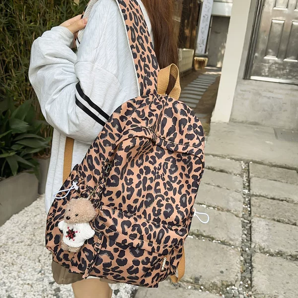2026 New Leopard Print Backpack for Female College Students, Large Capacity Casual Lightweight Travel Backpack for Middle and High School Students