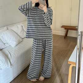磨毛人棉色织条秋冬季加厚保暖睡衣圆领简约套装家居服可外穿