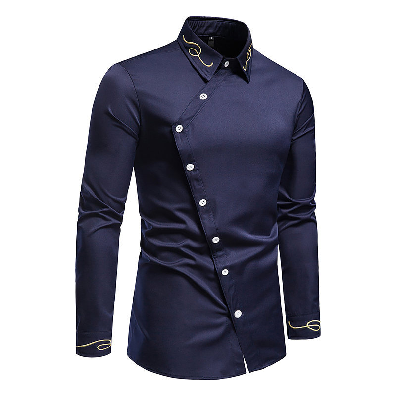 Frühling/Sommer Neue Europäische Trendy Bestickt Slanted Forefront Western Denim Herren Langarm Hemd_voghion.com