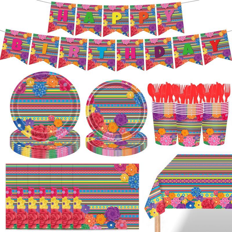 New Mexico Carnival party tableware colorful flower paper plate paper cup tissue tablecloth pull flag tableware suit New Mexico Carnival party tableware colorful flower paper plate paper cup tissue tablecloth pull flag tableware suit