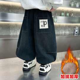 男童加绒裤子秋冬2026新款儿童一体绒牛仔裤男宝加厚保暖百搭长裤