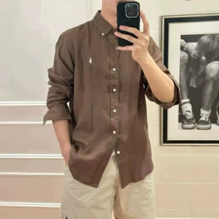 新品RL拉夫翻领亚麻衬衫经典战马刺绣百搭糖果色排扣上衣男女同款