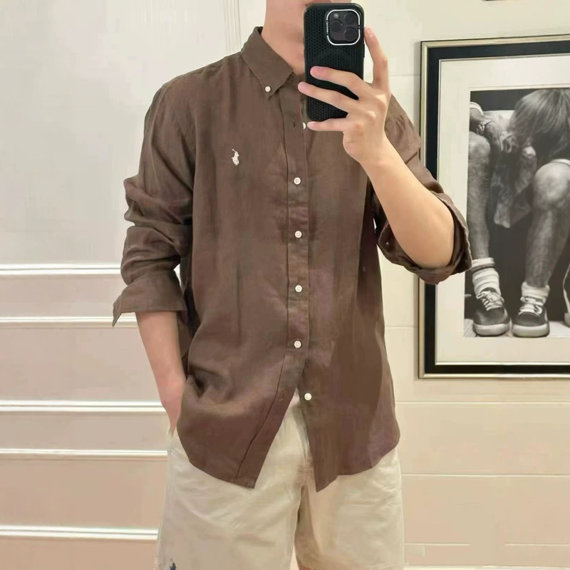 New Rl Ralph Lauren Classic Linen Shirt with Embroidered Warhorse Logo, Versatile Candy-Colored Button-Up Top, Unisex Style New Rl Ralph Lauren Classic Linen Shirt with Embroidered Warhorse Logo, Versatile Candy-Colored Button-Up Top, Unisex Style
