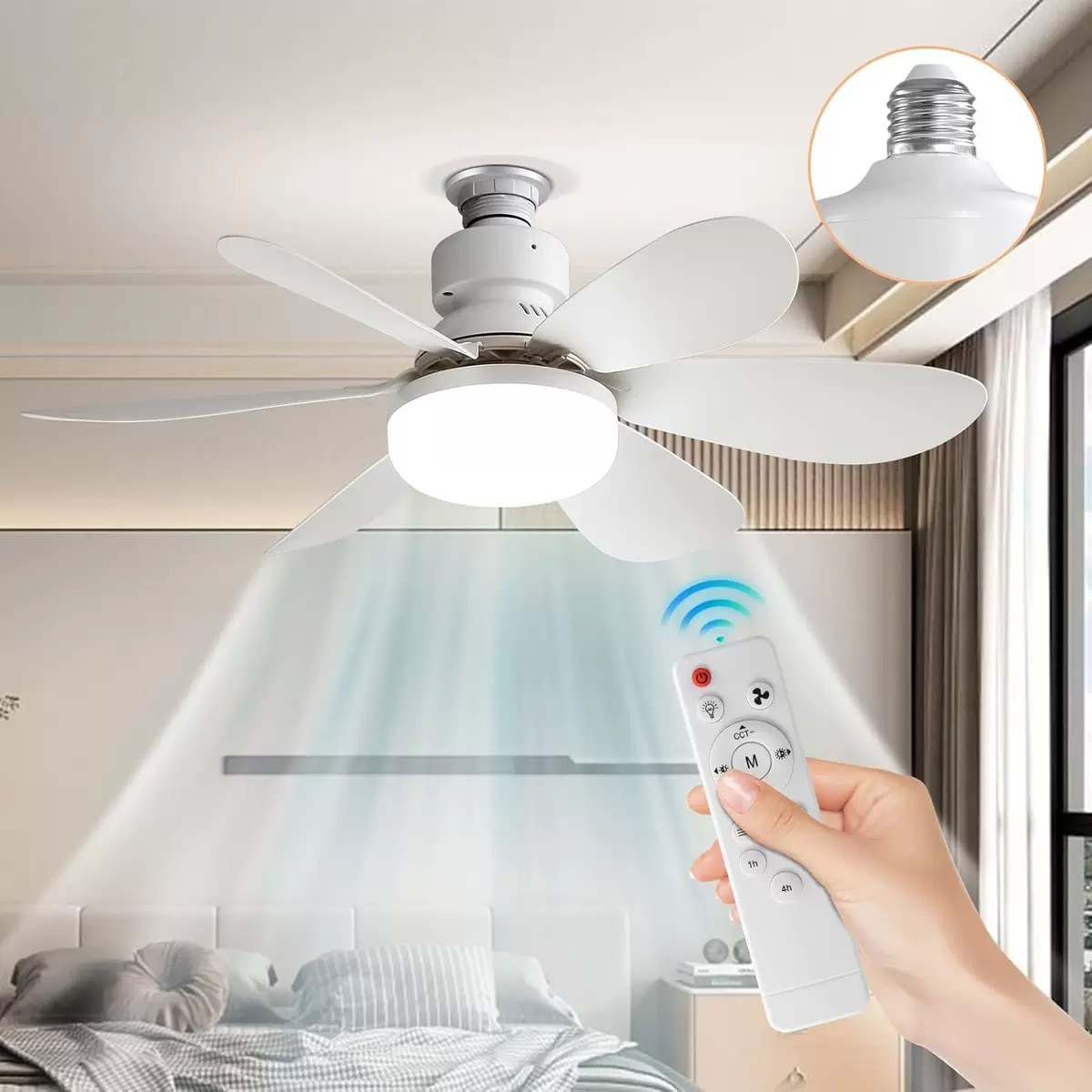 E27 lámpara de ventilador de tornillo dormitorio sala de estar silenciosa bombilla ventilador eléctrico lámpara de chandelier inteligente de control remoto estudio comedor lámpara de ventilador de techo