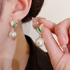日韓時尚簡約微鑲葉子珍珠耳釘s925銀針氣質百搭小清新耳環耳飾品