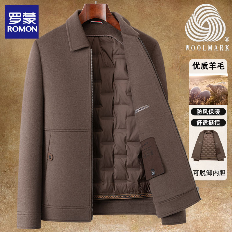 Romon Short Double-Sided Woolen Coat for Men with Removable down Lining and Thickeneded Woolen Jacket for Middle-Aged Dads