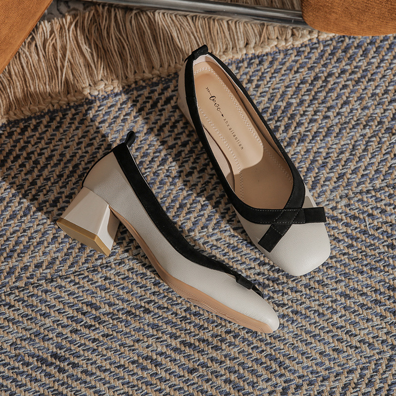 Fashionable Square Toe Soft Leather Chunky Heel Pumps For Women_voghion.com