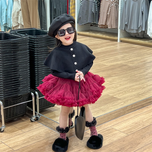  Autumn European and American Style Girls' Dress Princess Black Cape Sweater + Tutu Skirt Two-piece Set, Sold Separately