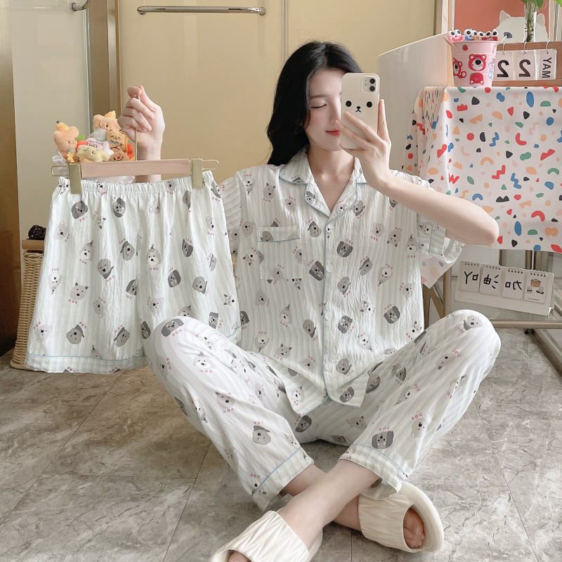 国境を越えた日本と韓国のクラウドコットンパジャマ3点セット春夏レディースプリントかわいいホーム服漫画スーツ新しいスタイル|undefined