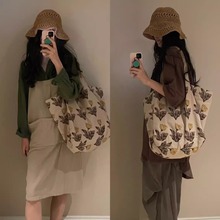 小众原创自制印度风浅卡其枯叶花大容量旅行单肩包田园度假风布袋