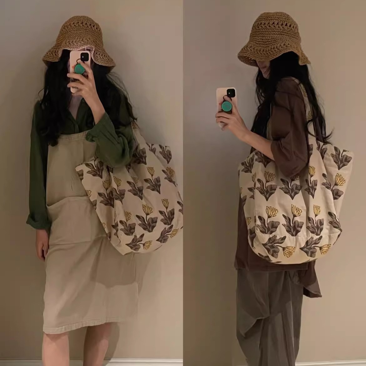 小众原创自制印度风浅卡其枯叶花大容量旅行单肩包田园度假风布袋