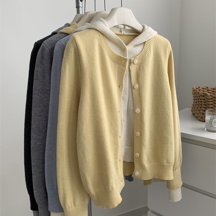 马卡龙撞色连帽针织开衫女设计感假两件毛衣外套春秋宽松百搭上衣