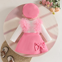 新款女婴童网纱长袖T恤+蝴蝶结半身裙+贝雷帽三件套秋冬季裙套装