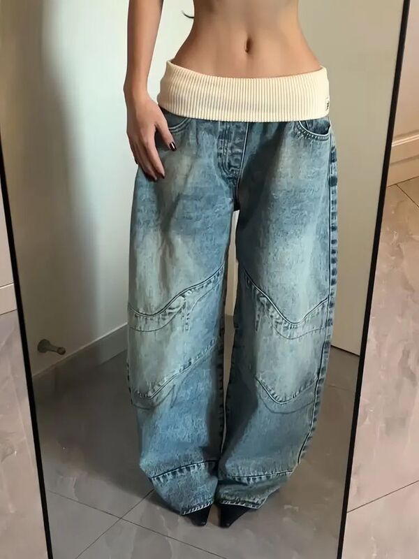 American-Style Plus-Size Spicy Girl Design Ribbed Waistband Jeans for Women, Niche Retro Distressed Washed Floor-Length Pants