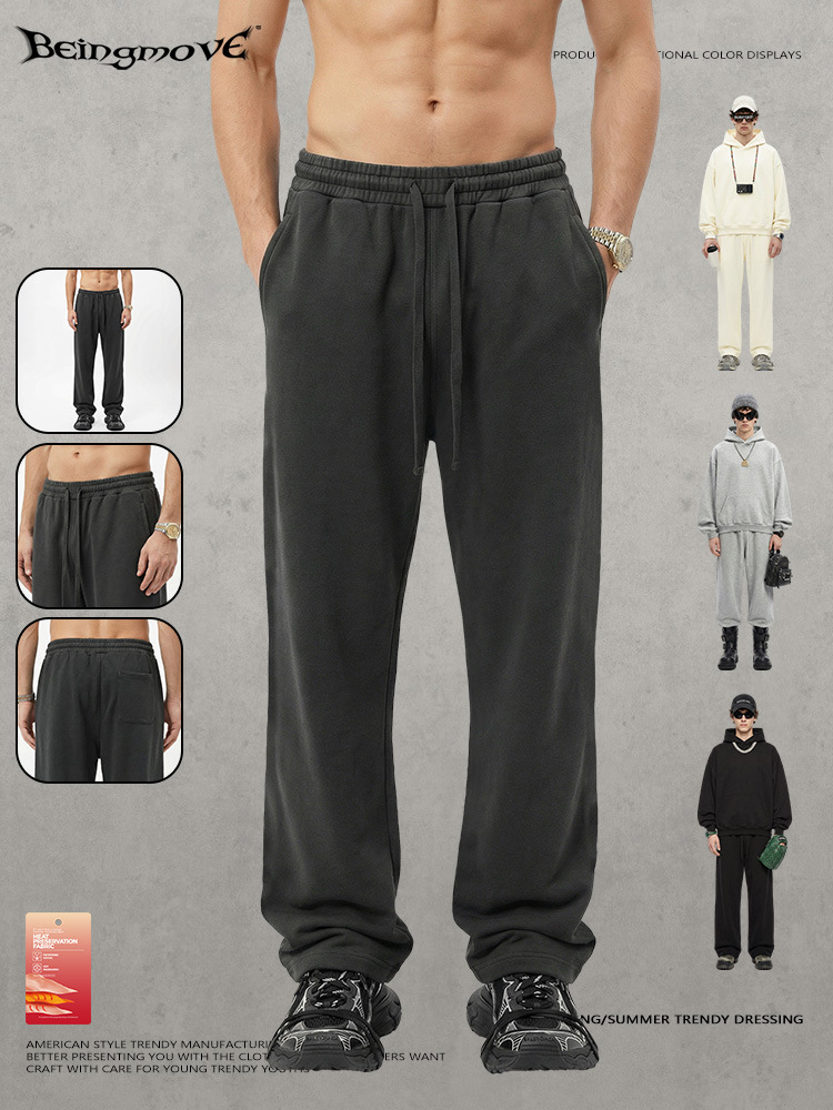 2025 otoño americano pesado color base pequeño cuello redondo sudadera con capuchona pantalones casuales set hombre personalizado