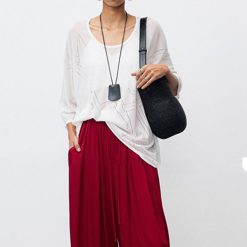 In-Stock Uni Relaxed Fit Custom-Spun Triacetate Cotton Knit Round Neck Spoon Neck Pony Hollow Knit Long Sleeve Top