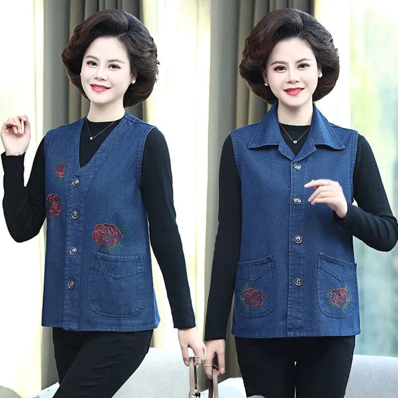 Mom's Denim Vest for Women, Spring and Autumn Jacket, Plus-Size, Sleeveless, Loose-Fitting, Thin Vest for Middle-Aged and Elderly