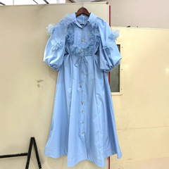2025春夏新作単列ボタンシャツスカート泡袖立体網糸花ゆるいロングワンピースベルト