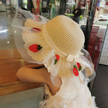 儿童草帽夏季蝴蝶结蕾丝草莓海边女宝草帽大帽檐i波边遮阳帽海边