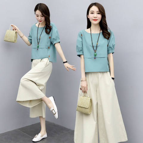 Loose Two-Piece Short-Sleeved Summer Outfit 2025 New Women's Fashion Stylish Age-Reducing Wide-Leg Pants Set Loose and Slimming