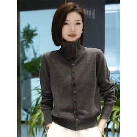 2025Z安可拉红高领厚款立领开衫羊毛女装韩版宽松女针织长袖毛衣