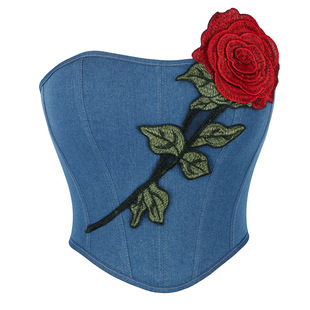 New Blue Denim Sewing Rose Women's Strapless Bracket Gathering Palace Body Shaping Top Cross-border Supply