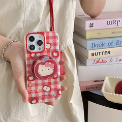 Japanese and Korean red grid apple kT magnetic suction compatible with iPhone15ProMax Apple14/13/12 phone case for women