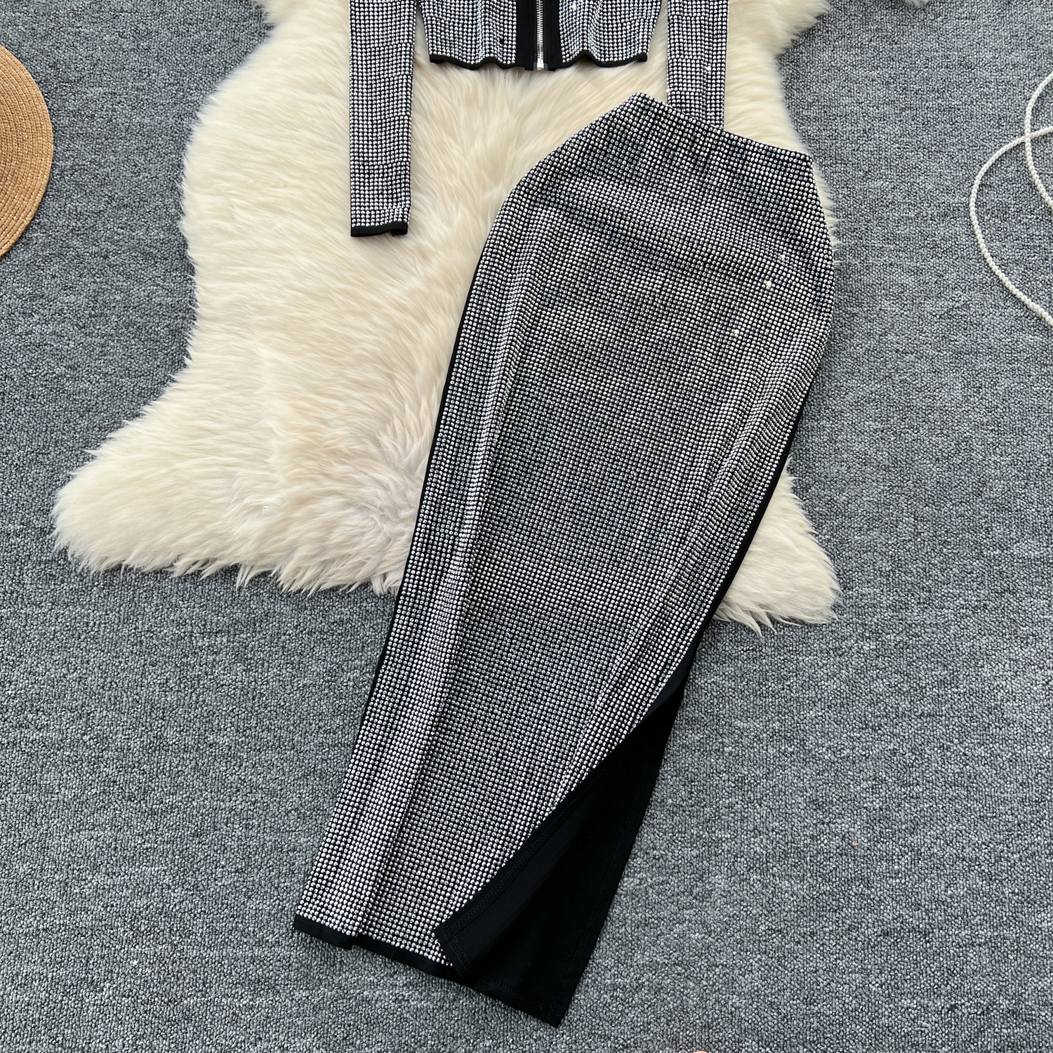 Women's Clothing wear suit design heavy hot diamond zipper top hip skirt_voghion.com