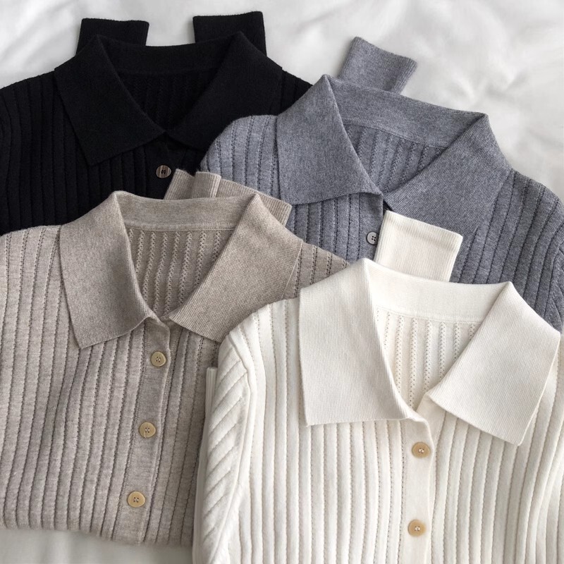 Soft Waxy Polo Retro Lapel Refined Pit Strip Knitted Sweater with Breasted Slim-Fit Slimming Short Sweater Long Sleeve Cardigan Autumn