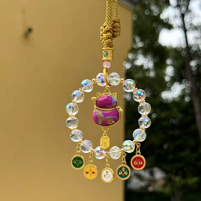Car hanging – bag pendant, and Chinese style accessories - purple-fortune-cat