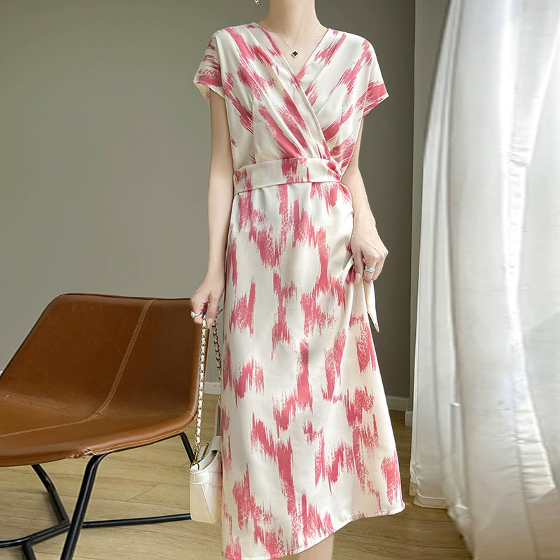 2024 лето новый чайный перерыв с V-образным вырезом с короткими рукавами платье женское нежный стиль темперамент длинное платье