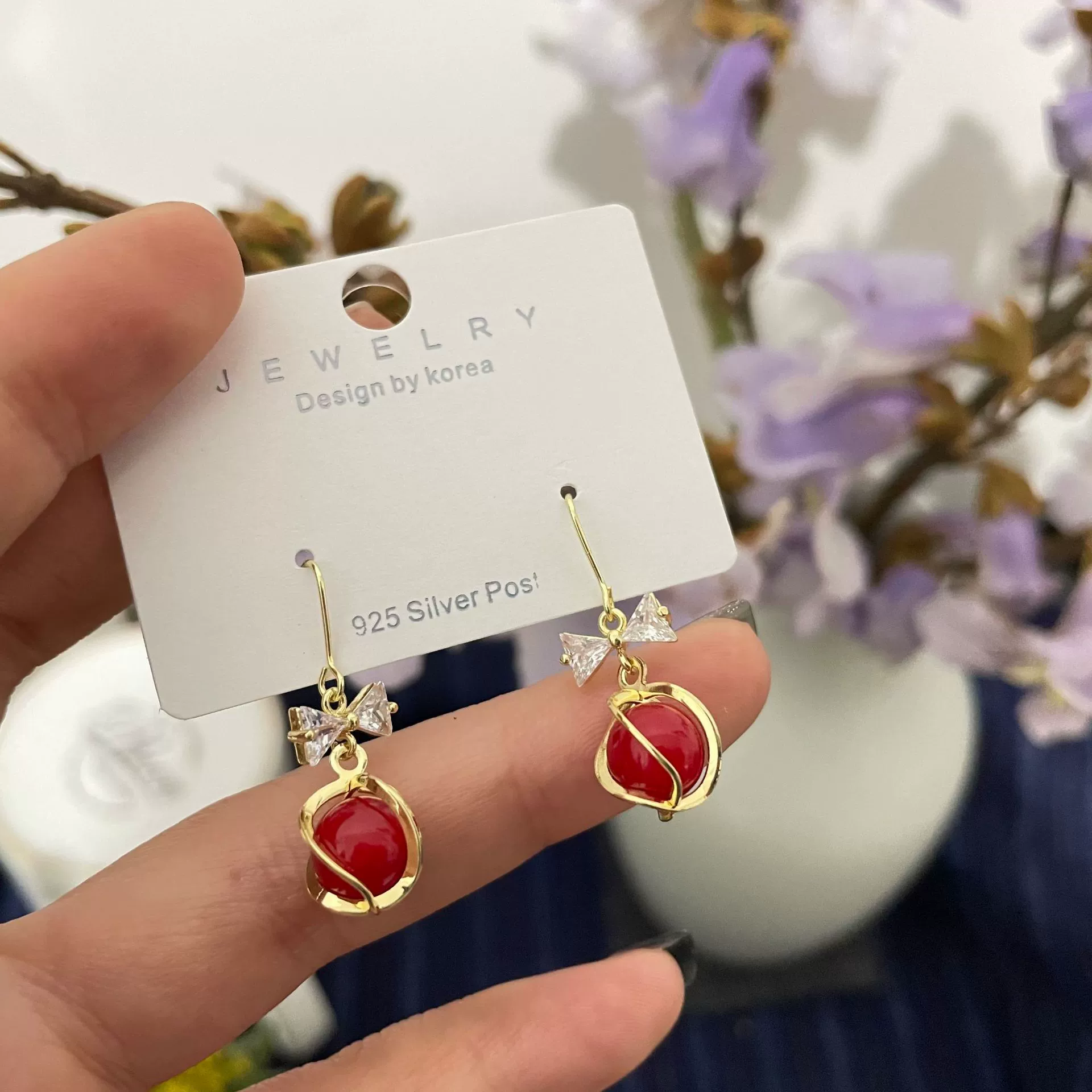 Earrings with zircon with bow, silver 925 sample, cat's eye, internet celebrity