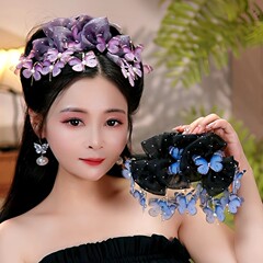 （蝶舞纷飞）优雅古风印花蝴蝶流苏鲨鱼夹盘发百搭网红抓夹头饰发