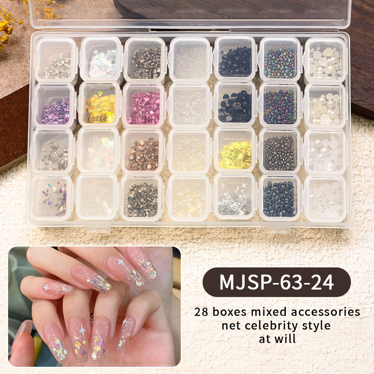 28 joyas de manicura mezcladas, perlas de acero, remaches de estrellas y lunas, conchas de metal, papel de oro y plata, accesorios de uñas, cristal