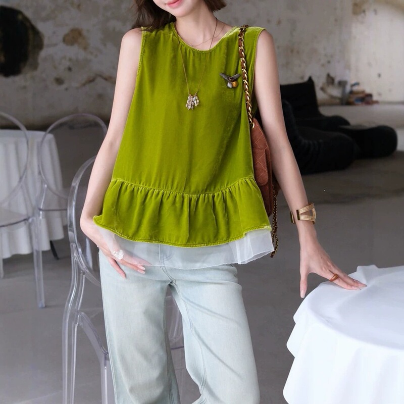 Nanyou 2026 Summer Style French Silk Velvet Doll-Style Top, Simple and Elegant, Youthful and Graceful Sleeveless Shirt