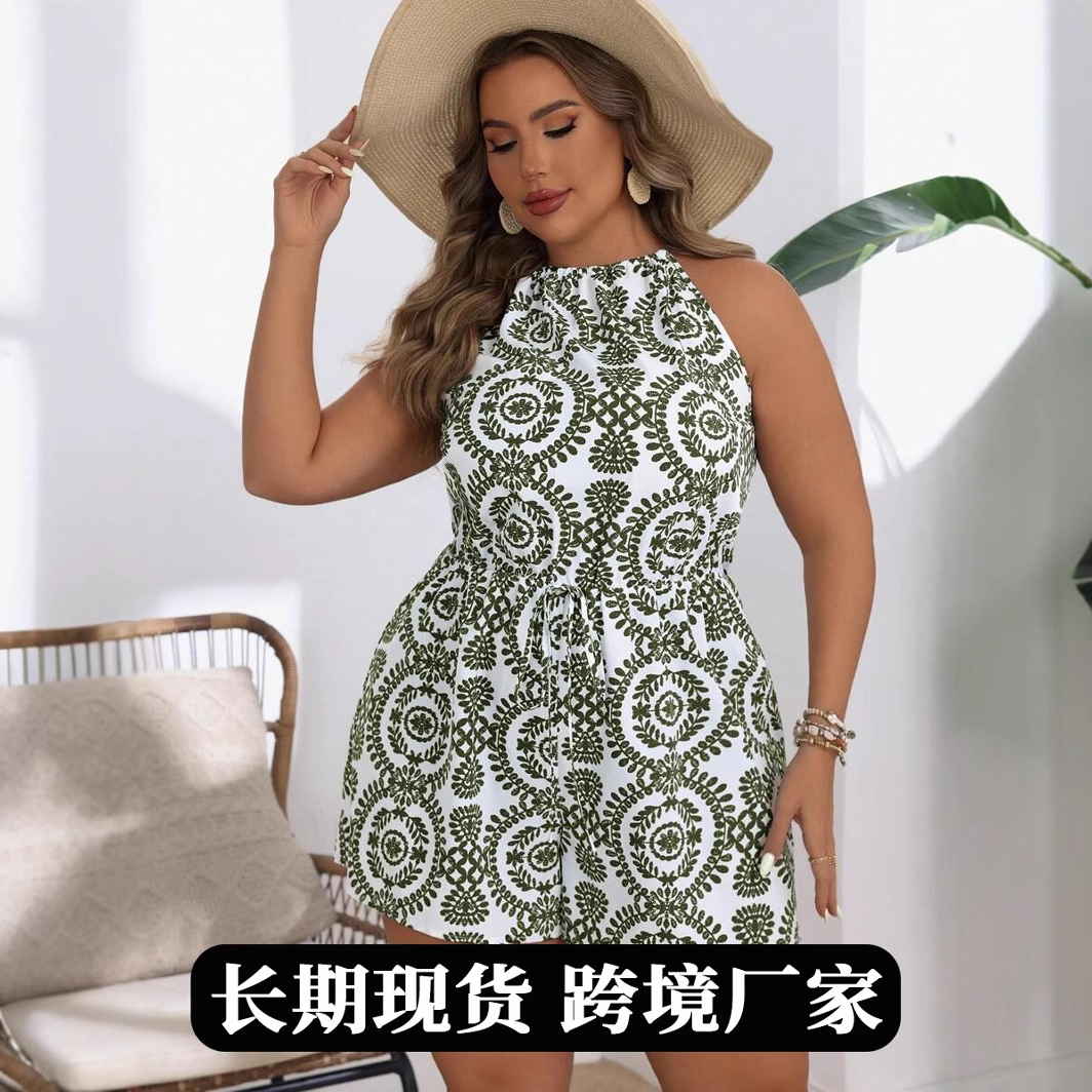 In-Stock Foreign Trade Cross-Border Women's Clothing Plus Size 2026 Summer European and American Hot-Selling Simple Printed Backless Jumpsuit
