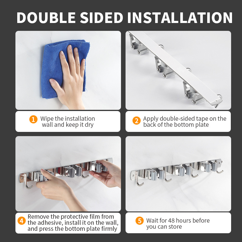 Amazon dedicado 304 fregona de acero inoxidable gancho fregona rack fregona clip escoba clip de almacenamiento sin perforar transfronterizo